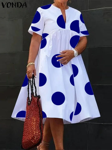 Dot the Day Polka Swing Dress – White A-Line Midi with Bold Black Dots