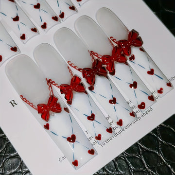 Romantic Red Bow and Heart Accent Press-On Nails