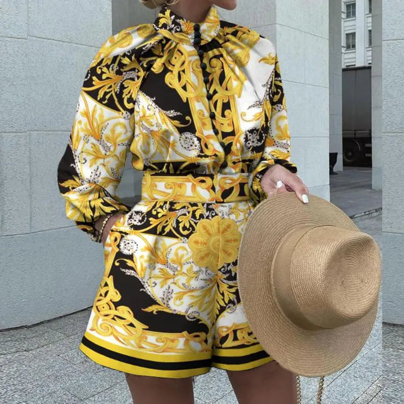 Baroque Print Romper with Statement Sleeves