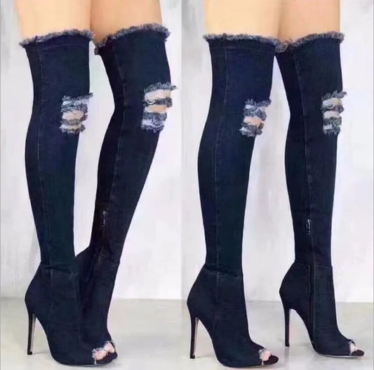 "Denim Diva Thigh-High Boots - Effortlessly Edgy in Blue"