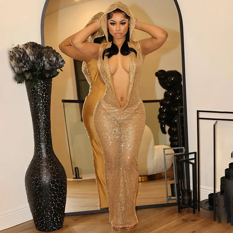 Golden Hooded Glam Dress