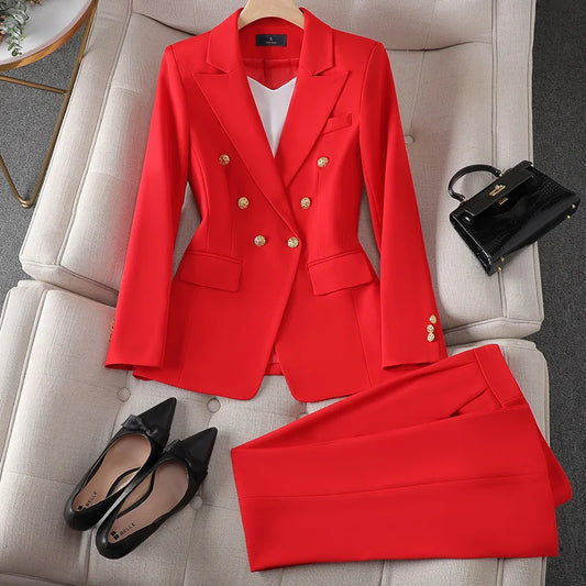 Chic Red Blazer Trousers Set with Gold Button Accents