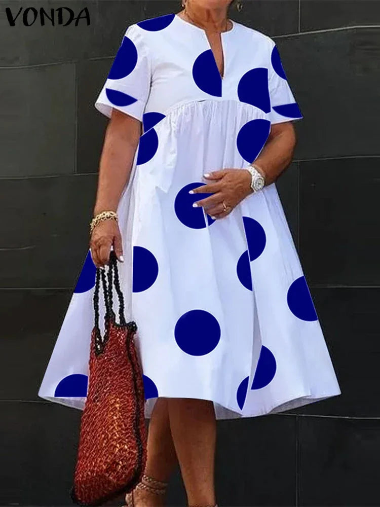 Dot the Day Polka Swing Dress – White A-Line Midi with Bold Black Dots