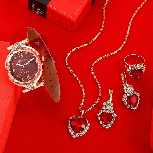 "Royal Heartbeat Red Gemstone Watch and Jewelry Ensemble"