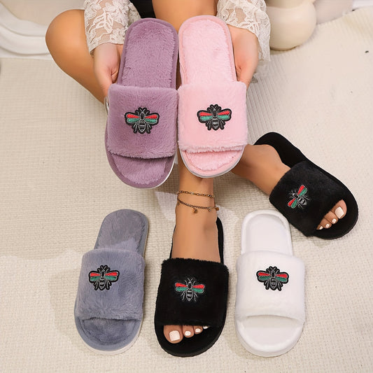 Cozy Black Faux Fur Embroidered Bee Slide Slippers