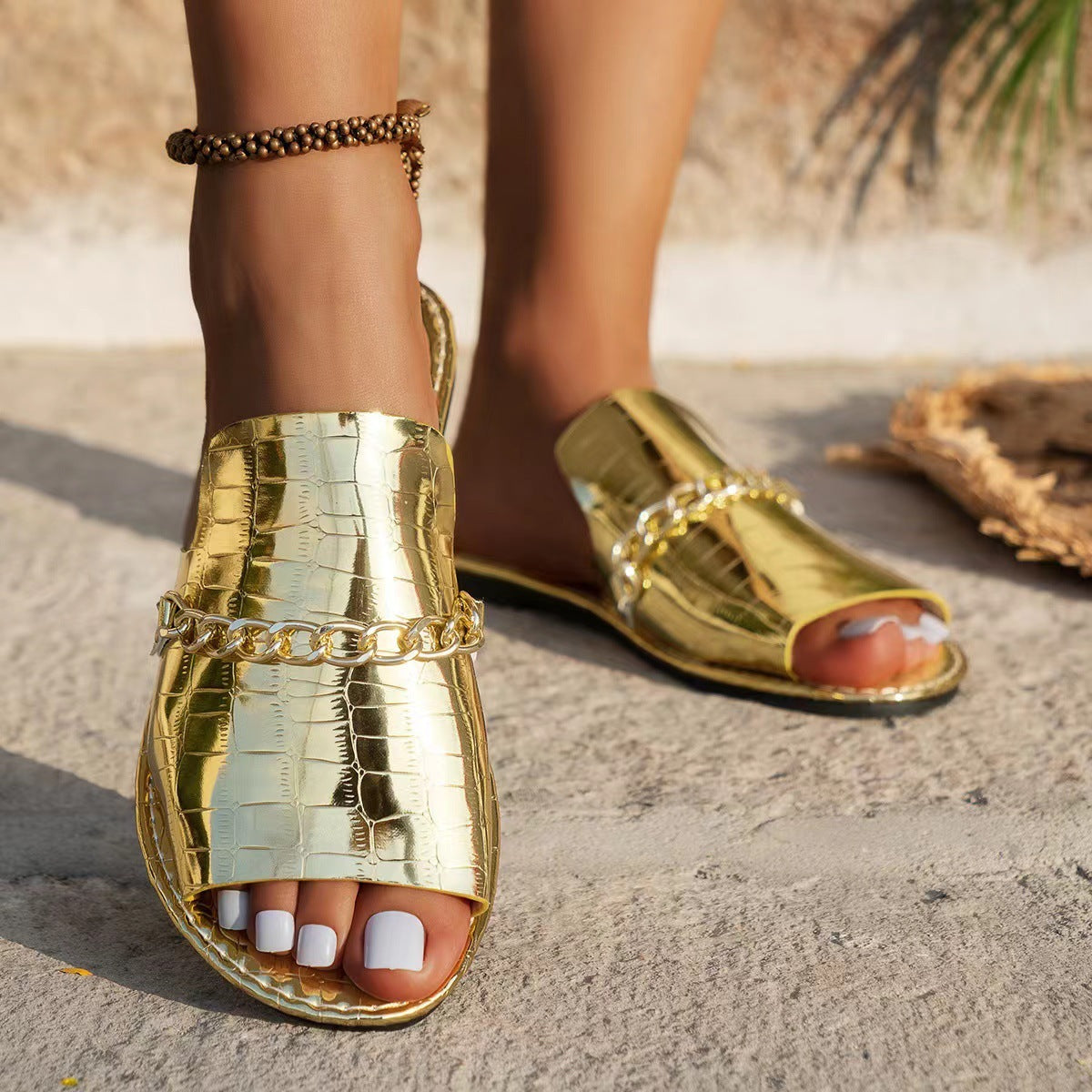 Luxe Gold-Toned Metallic Slide Sandals with Chain Accent